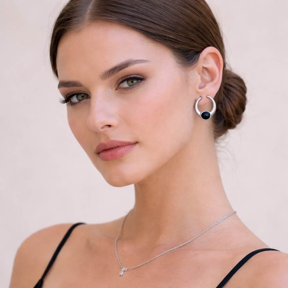 Vintage Silver Color Black Faux Pearl Stone Accent Hoop Earrings